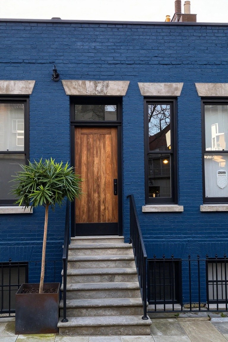Navy blue brick townhouse exterior with black-framed windows, light wooden front door, stone entrance steps with black metal railing, and potted palm tree beside the door.