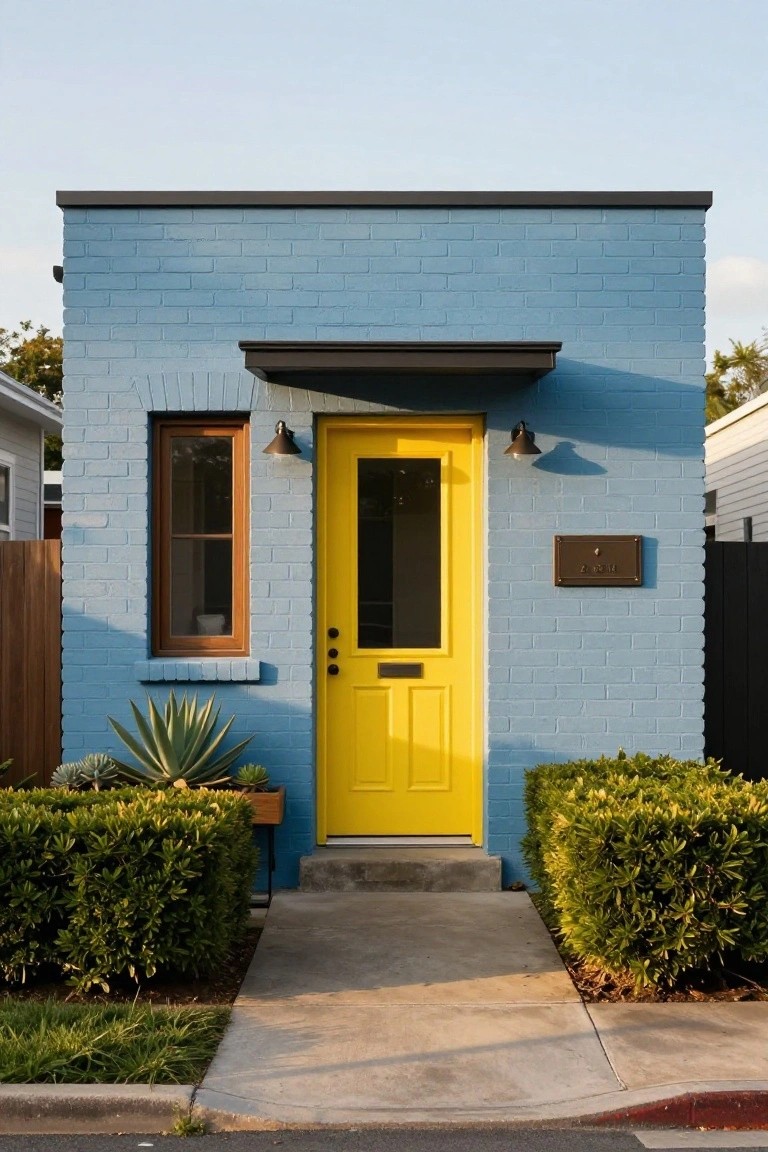 Small turquoise blue brick house exterior with bright yellow front door, wood window to the side, wall lanterns, potted agave plants, boxwood shrubs, and concrete entry path.