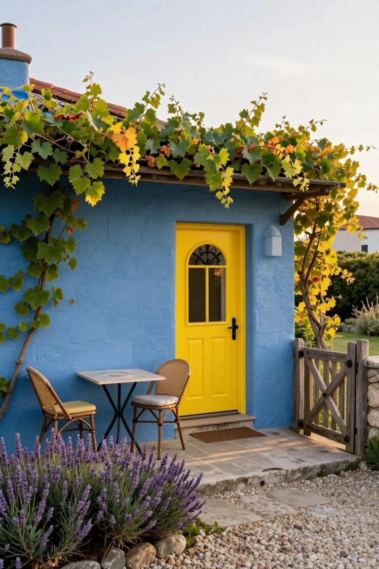 Blue stucco house exterior with arched yellow front door, grapevines climbing over the roofline and walls, small round table with two wicker chairs on a stone patio, lavender plants, and wooden gate near gravel path.