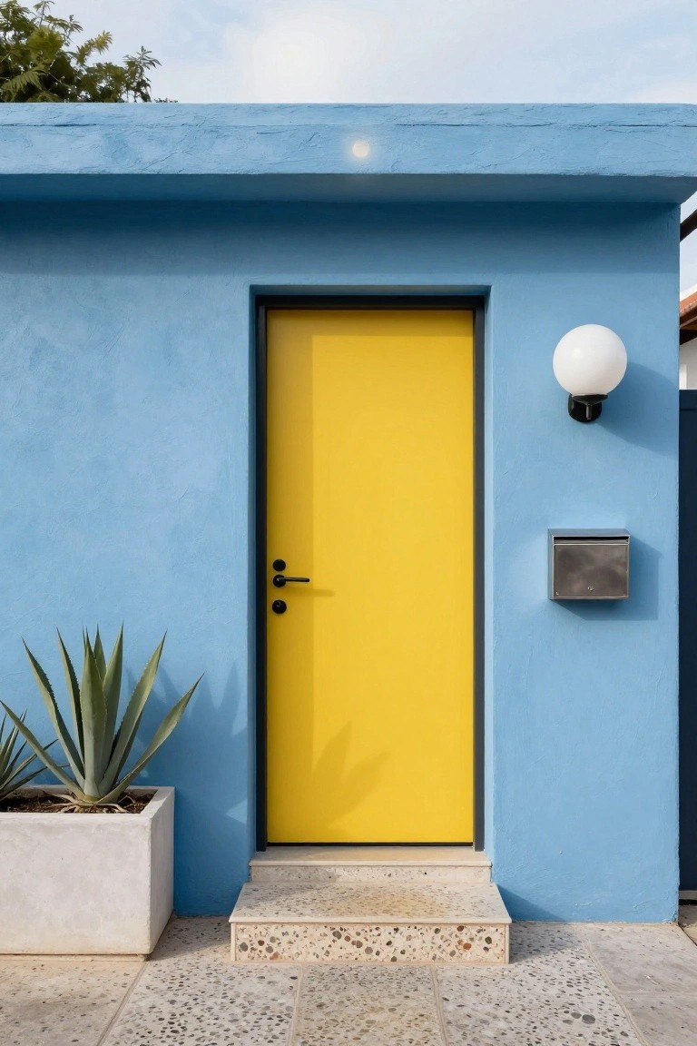 Blue stucco house wall with yellow front door, black frame and handle, white orb wall light, stainless steel mailbox, agave plant in white pot, and pebbled stone steps.