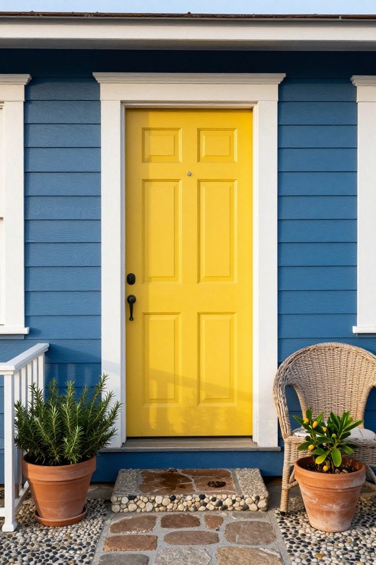 Blue clapboard house exterior featuring a yellow six-panel front door centered in white trim, flanked by potted rosemary and citrus plants, a wicker chair, and a stone step with pebble borders.