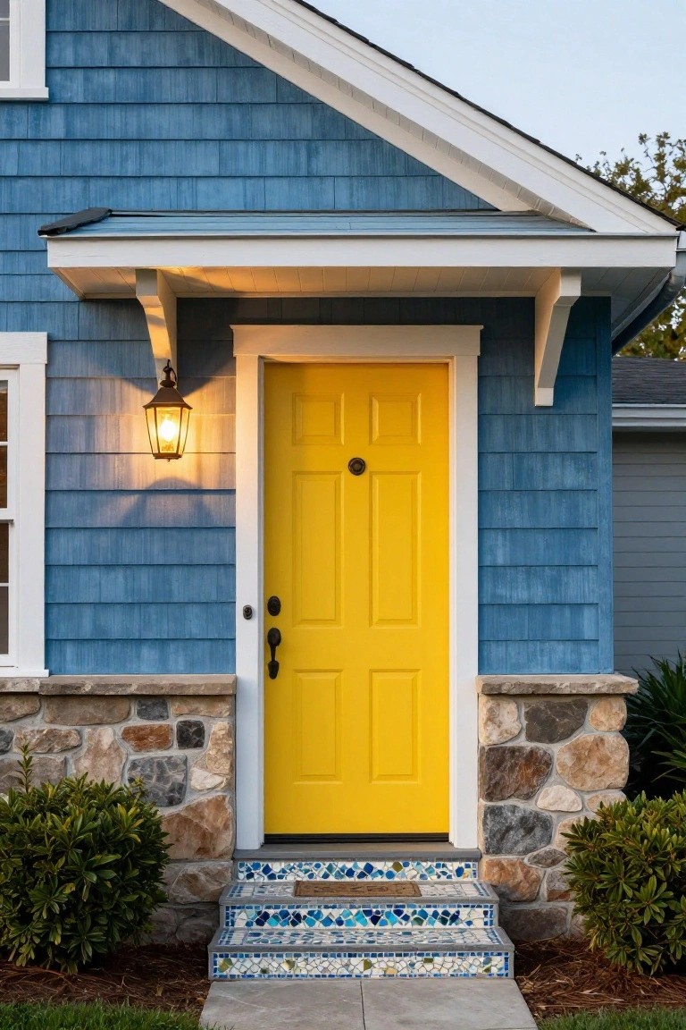 Blue shingle siding house exterior with yellow six-panel front door, black lantern light fixture, white trim, stone foundation, mosaic tiled steps, and shrubs at dusk.
