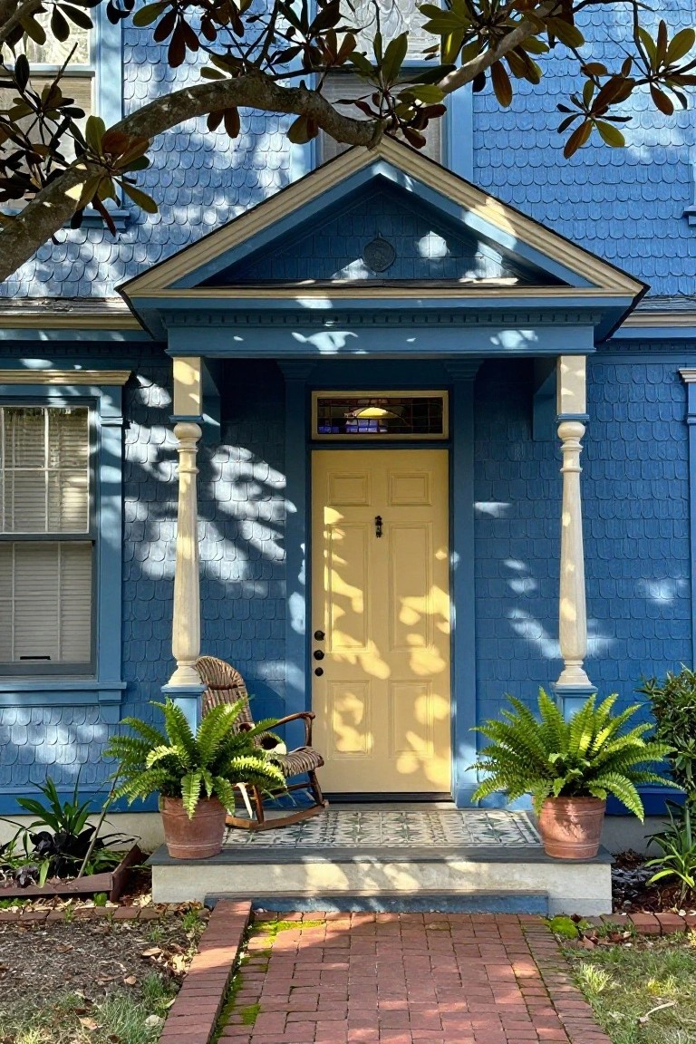 Blue fish-scale shingle house facade with yellow front door, white porch columns, rocking chair, potted ferns on porch steps, and brick walkway leading up.
