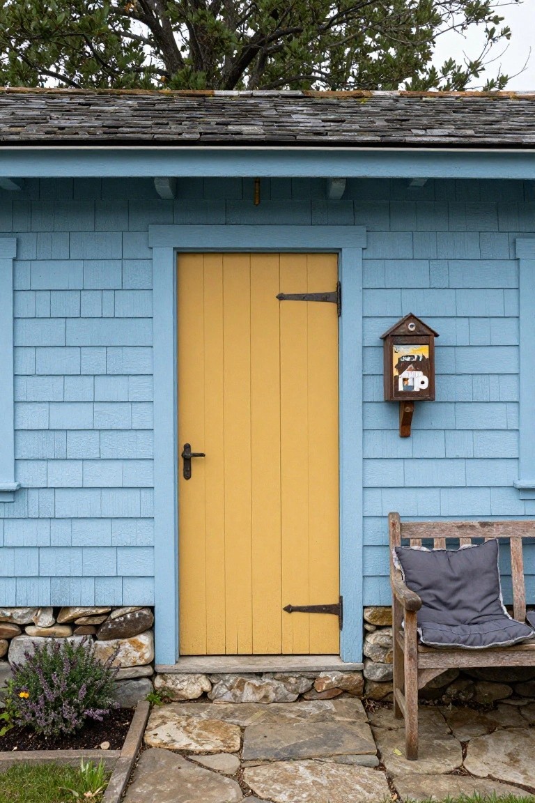 Blue shingle-clad wooden shed with yellow front door, black hinges and knob, wall-mounted cuckoo clock, wooden bench with gray cushion, stone foundation, lavender plants, and flagstone path.