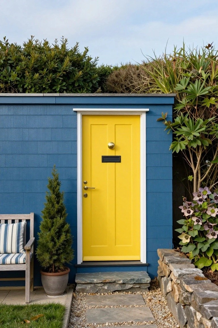Blue shingle-clad shed with yellow front door, brass knocker and handle, wooden bench, potted fir tree in terracotta pot, stone steps, gravel path, and surrounding plants and shrubs.