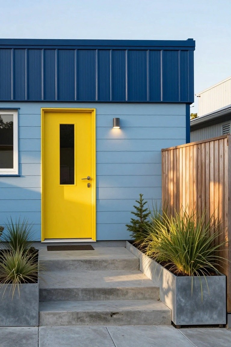 Blue sided house exterior featuring a bright yellow front door with a narrow window, concrete steps, metal planters with agave plants, and a wooden fence beside it.