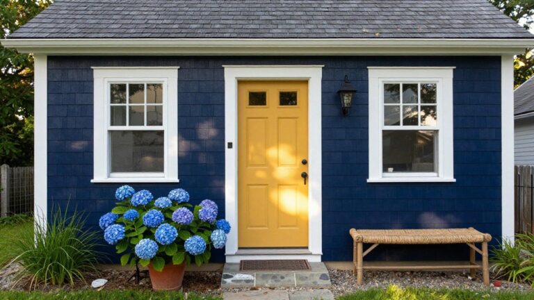 Navy blue shingled house exterior with white trim and gabled roof, featuring a yellow paneled front door with glass panel, flanked by black lanterns, potted blue hydrangeas, a wicker chair, stone steps with mosaic edging, and gravel path.