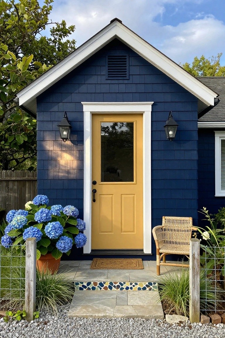 Navy blue shingled house exterior with white trim and gabled roof, featuring a yellow paneled front door with glass panel, flanked by black lanterns, potted blue hydrangeas, a wicker chair, stone steps with mosaic edging, and gravel path.