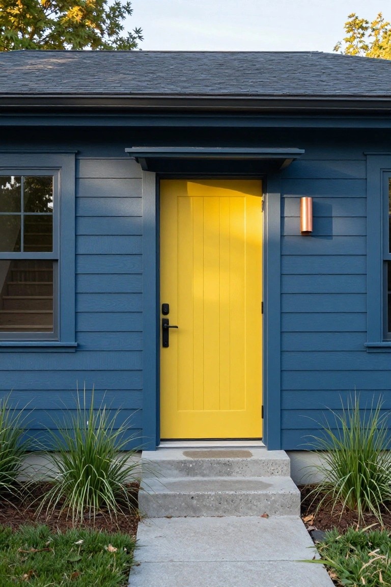 Navy blue clapboard house exterior with yellow front door, divided-light windows on each side, copper wall sconce beside door, concrete entry steps, and ornamental grasses flanking the foundation.