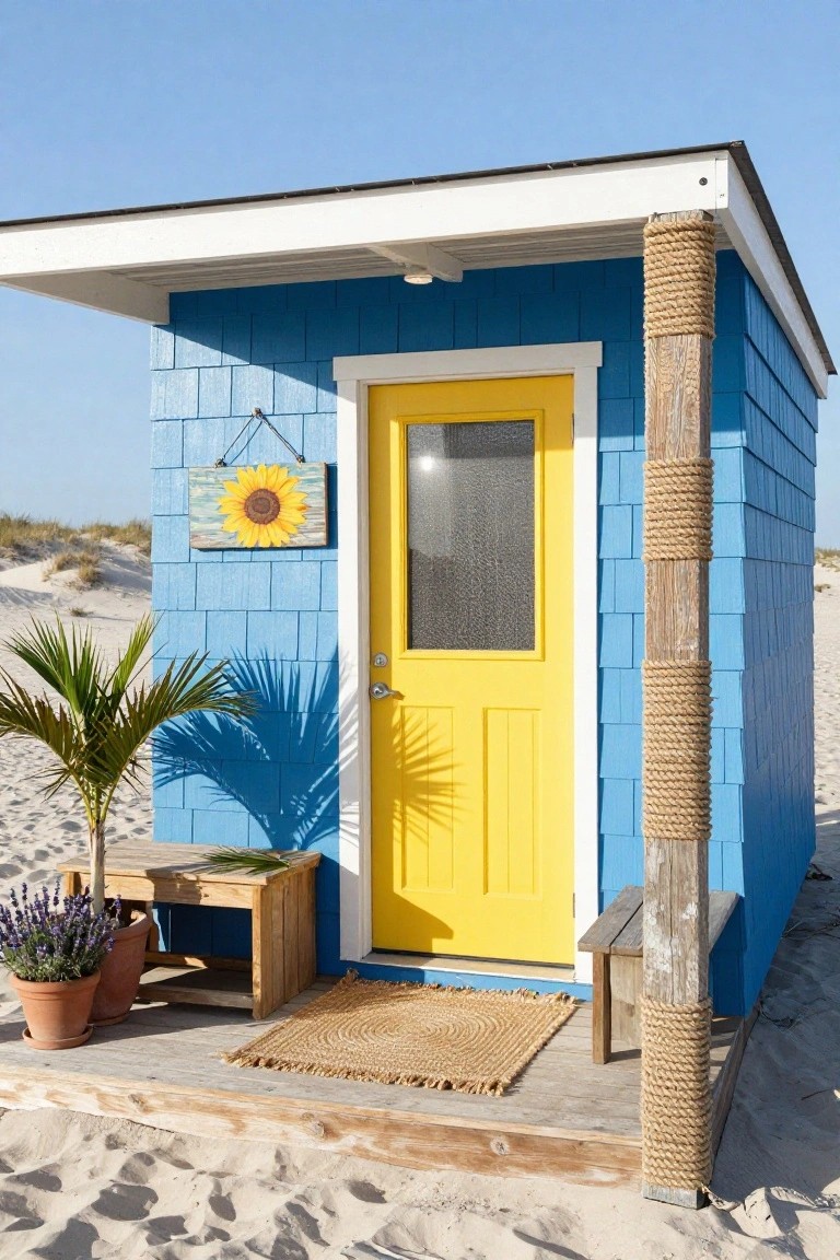 Small blue shingled beach cabin with yellow front door, sunflower sign, potted palm and lavender plants, wooden bench, and rope-wrapped post on sandy beach with welcome mat.