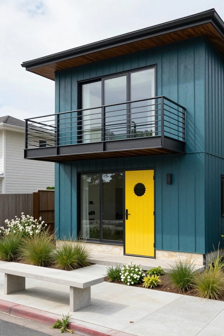 Two-story teal blue vertical board-and-batten house with black-framed windows, a metal balcony, bright yellow front door with round porthole window, simple front landscaping of grasses and white flowers, and concrete bench on sidewalk.