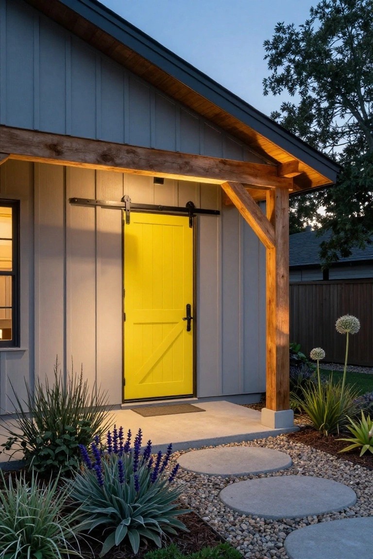 Cool gray vertical board-and-batten siding on a house exterior with a yellow sliding barn door on a porch supported by wooden beams, flanked by agave plants, lavender, and a stone stepping path.