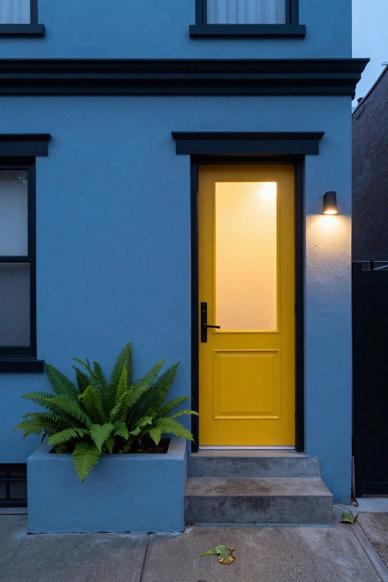 Blue house exterior with yellow front door featuring glass panel and black handle, concrete steps, blue planter with fern, wall light, and black trim at dusk.