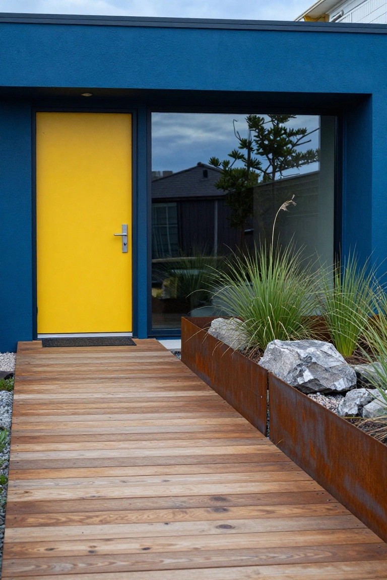 Blue modern house exterior with yellow front door, glass panel beside it, wooden walkway leading to entry, and Corten steel planters filled with grasses and rocks along the side.