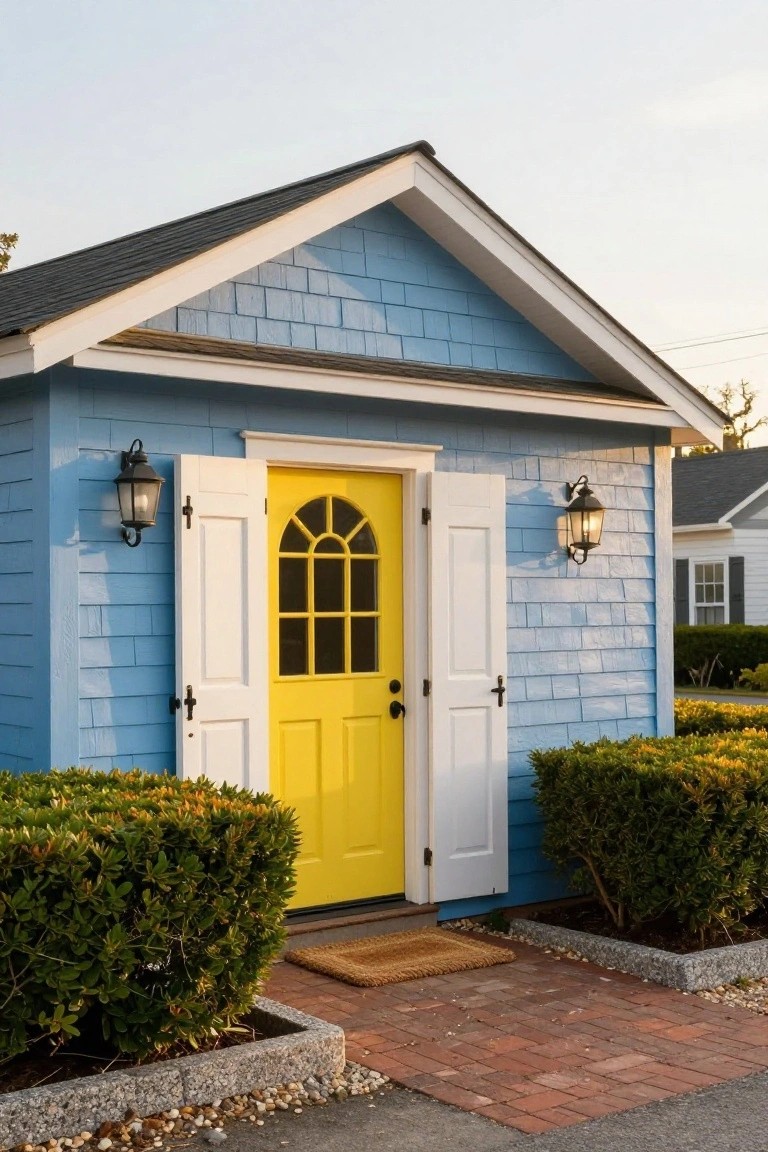 Blue shingled house exterior with open yellow front door, white shutters, black lanterns, boxwood shrubs in stone beds, brick pathway, and gravel edging at dusk.