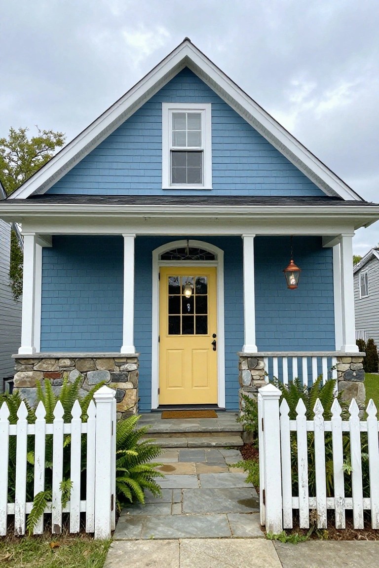Blue shingle siding house with white trim, yellow front door featuring glass panels, covered porch supported by white columns, stone pillar bases, white picket fence, ferns, and stone pathway.