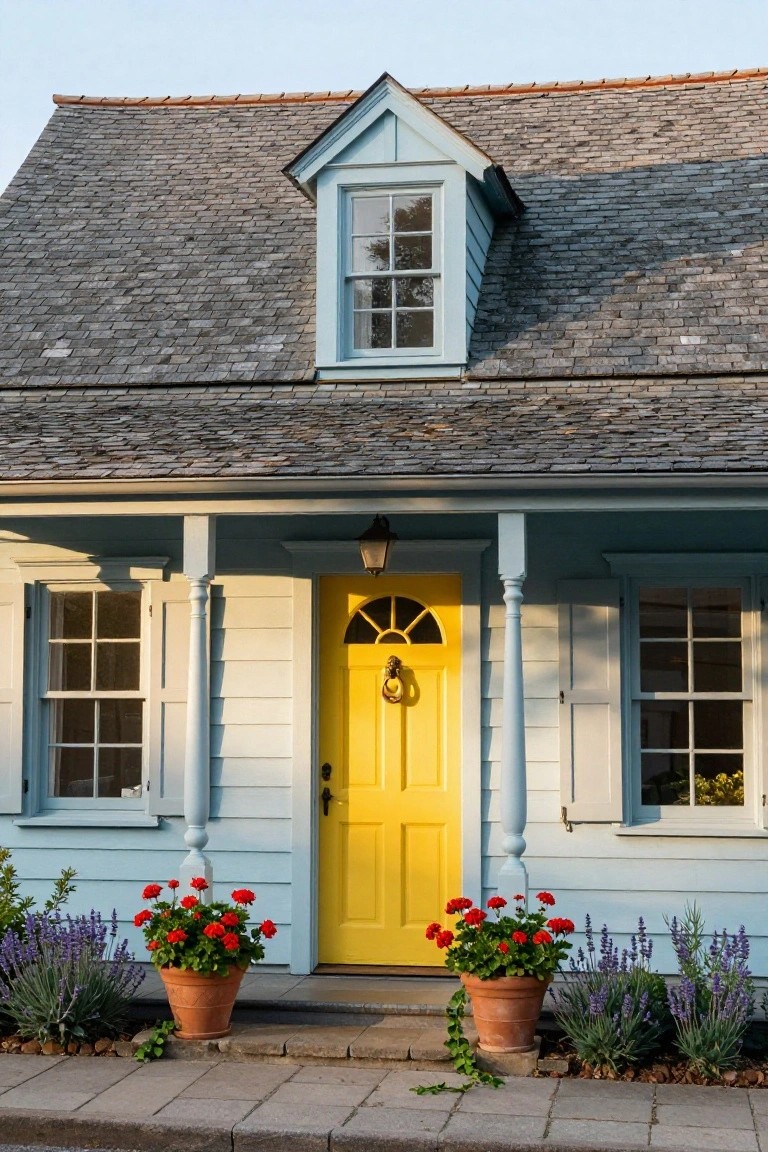 Light blue clapboard house with gabled roof, yellow arched front door with lion knocker, white porch columns, and potted red geraniums and lavender plants on stone steps.