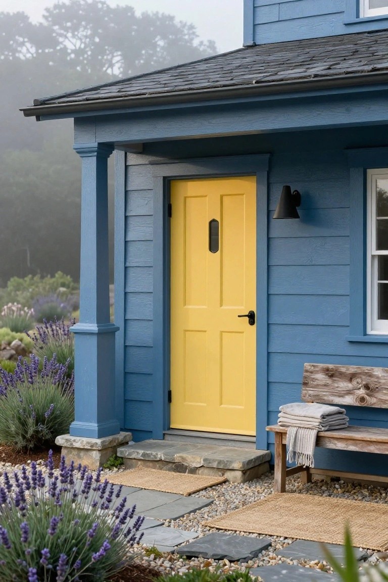 Blue clapboard house exterior featuring a bright yellow paneled front door under a porch with white columns, a wooden bench with folded blankets, lavender plantings, stone steps, and gravel path in a foggy garden.