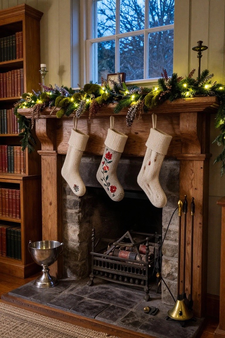 Wooden mantel above a stone fireplace decorated with garland of moss, evergreens, pinecones, and fairy lights, with three cream knitted stockings featuring red floral embroidery hanging from it, flanked by bookshelves in a paneled room.