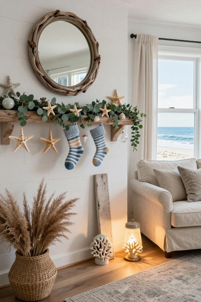 Cozy coastal living room with starfish decor, striped stockings, and beach view.