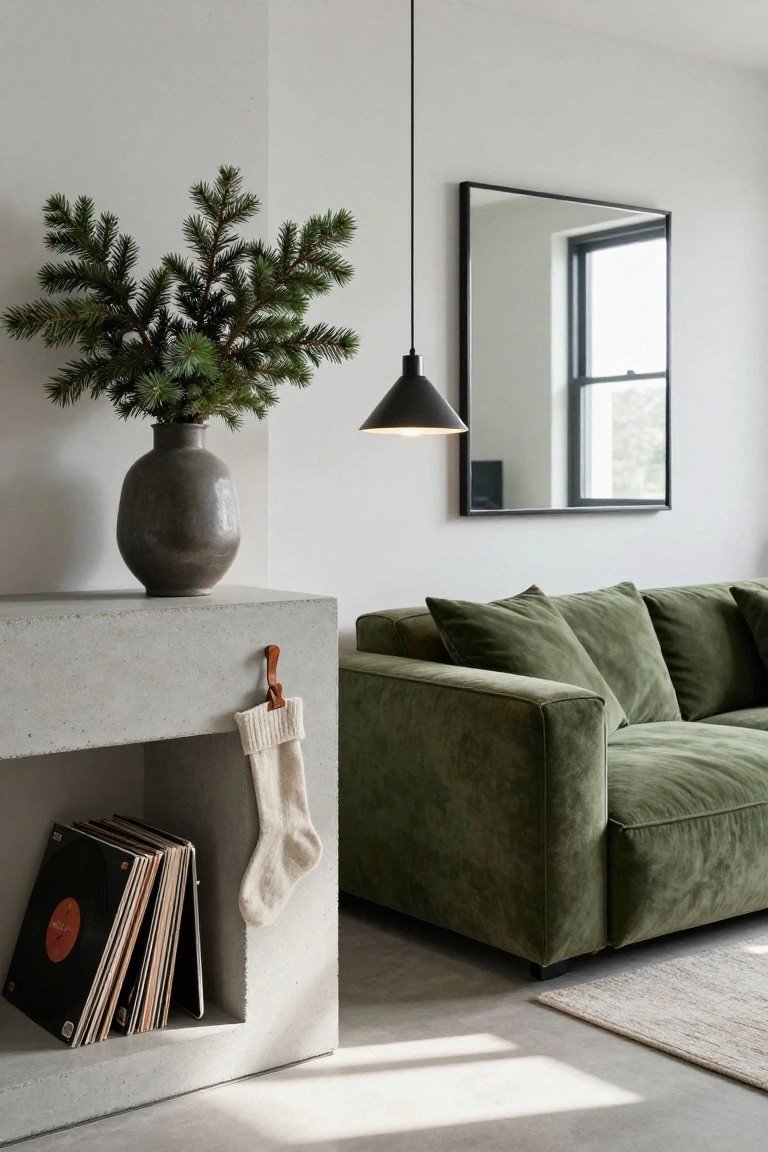 Gray concrete console table with a vase of green fir branches, white Christmas stocking on leather hook, and stacked vinyl records in shelf below, beside green velvet sofa, black-framed mirror, and black pendant light in white room with window.
