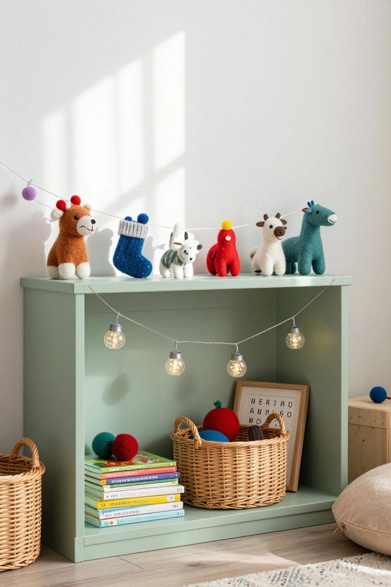 Mint green open bookshelf displaying knitted animals including a brown fox, red rooster, white goat, teal alpaca, and dog, with blue stocking, fairy lights, woven baskets, books, and toys on shelves in a light-filled room.