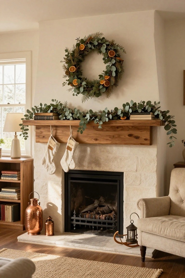 Cozy living room fireplace with wooden mantel draped in eucalyptus garland, two white stockings hanging from it, books stacked on one side, stone surround, and a wreath of pine needles and dried orange slices mounted above.