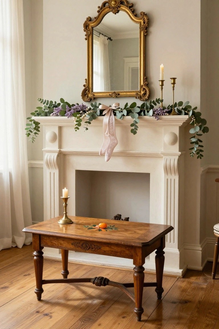 White fireplace mantel decorated with green eucalyptus garland, purple lilac flowers, pearl accents, and a pink stocking, with brass candlesticks, a gold-framed mirror above, and a wooden table holding a brass candlestick and orange in a beige room with sheer curtains.