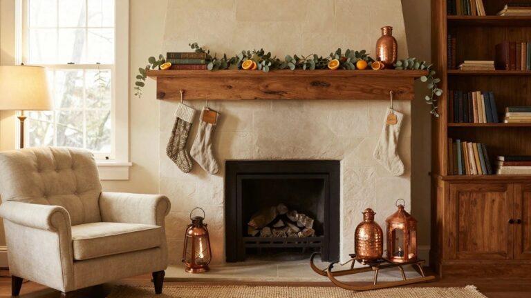 24 Charming Christmas Mantle Decor Ideas That Feel Straight From a Storybook Cozy living room fireplace with wooden mantel draped in eucalyptus garland, two white stockings hanging from it, books stacked on one side, stone surround, and a wreath of pine needles and dried orange slices mounted above.