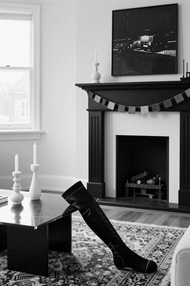 Black-and-white photo of a living room corner with a black wood mantel decorated by a garland of gray felt squares, white candlesticks on side tables, a glass-top coffee table, and a tall black boot extending from off-frame onto a patterned rug.