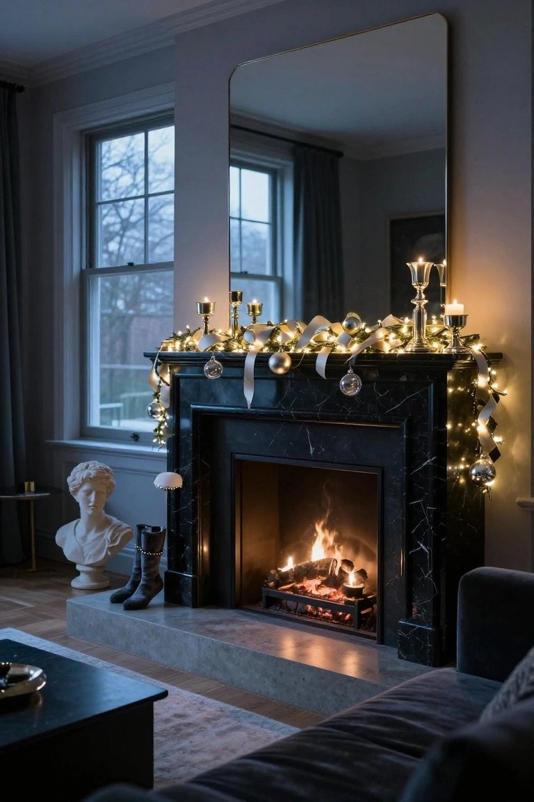 Black marble fireplace mantel decorated with evergreen garland, fairy lights, gold and silver ornaments, ribbons, and candles, with a fire burning inside and a white bust sculpture nearby.