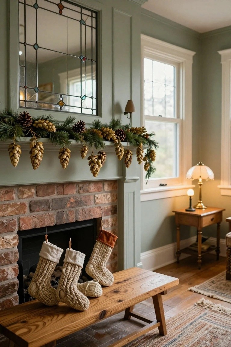 Brick fireplace mantel in a sage green room decorated with evergreen garland, clusters of gold pine cones, and large white knit stockings hanging from hooks, with a wooden bench in front.