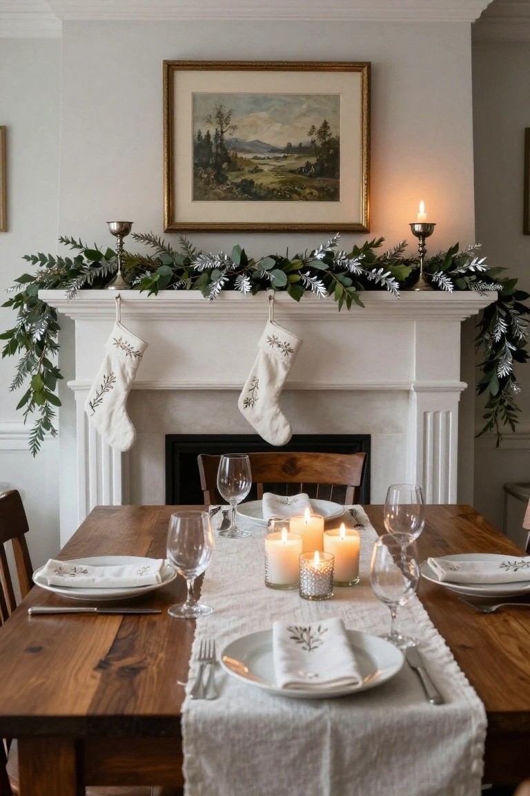 White fireplace mantel decorated with green eucalyptus garland, silver leaves, two white embroidered stockings hanging from it, and silver candlesticks, above a wooden dining table set with white plates, wine glasses, linen napkins, and multiple candles.