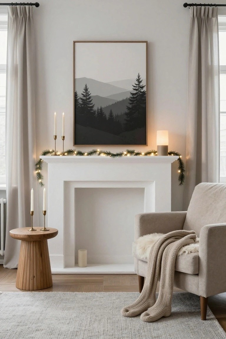 White fireplace mantel with green garland strung with white fairy lights draped along the top, flanked by brass candlesticks holding white pillar candles, a framed abstract mountain landscape print above, cream armchair with throw nearby, neutral room with sheer curtains and wood side table.