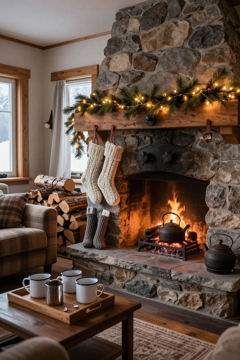 Stone fireplace mantel in a cozy living room decorated for Christmas with white and gray knit stockings hanging from leather straps, evergreen garland with fairy lights, a black kettle on the fire, stacked firewood, plaid armchair, and wooden tray of enamel mugs on a coffee table.