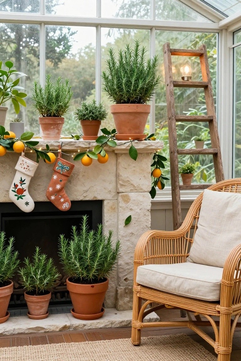 Stone fireplace mantel in a glass-walled sunroom decorated for Christmas with multiple potted rosemary plants, citrus garland with oranges, two embroidered stockings, wooden ladder shelf, and rattan chair nearby.