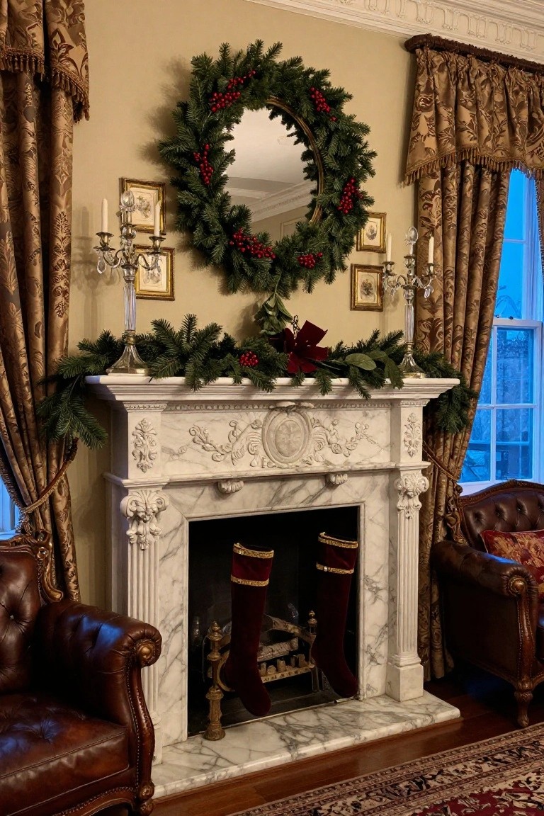 A marble fireplace mantel in a traditional room decorated with evergreen garland, red berries, poinsettia, a large wreath over a mirror flanked by candelabras, red stockings hanging in front, gold-trimmed curtains, and leather armchairs nearby.