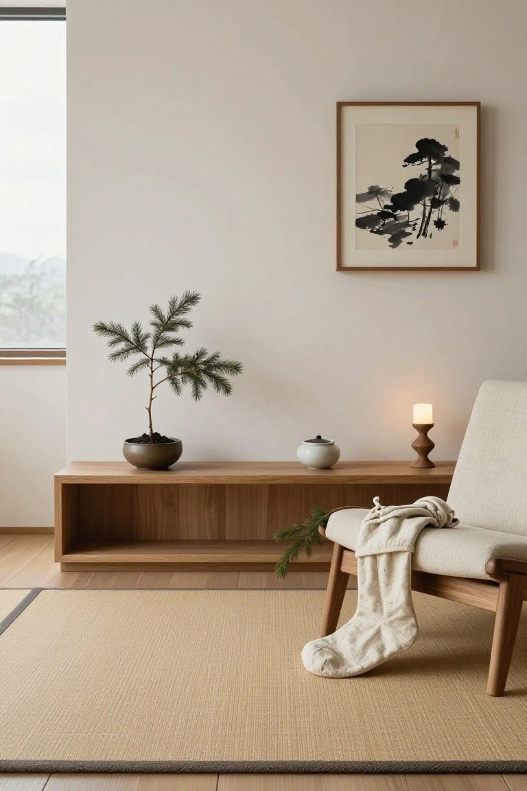 Minimalist interior room with low wooden console table holding gray bowl with small pine bonsai tree, white lidded jar, and lit wooden candle holder; cream fabric chair beside it with pine branch and large white knit stocking draped over arm; beige tatami mat rug on light wood floor.