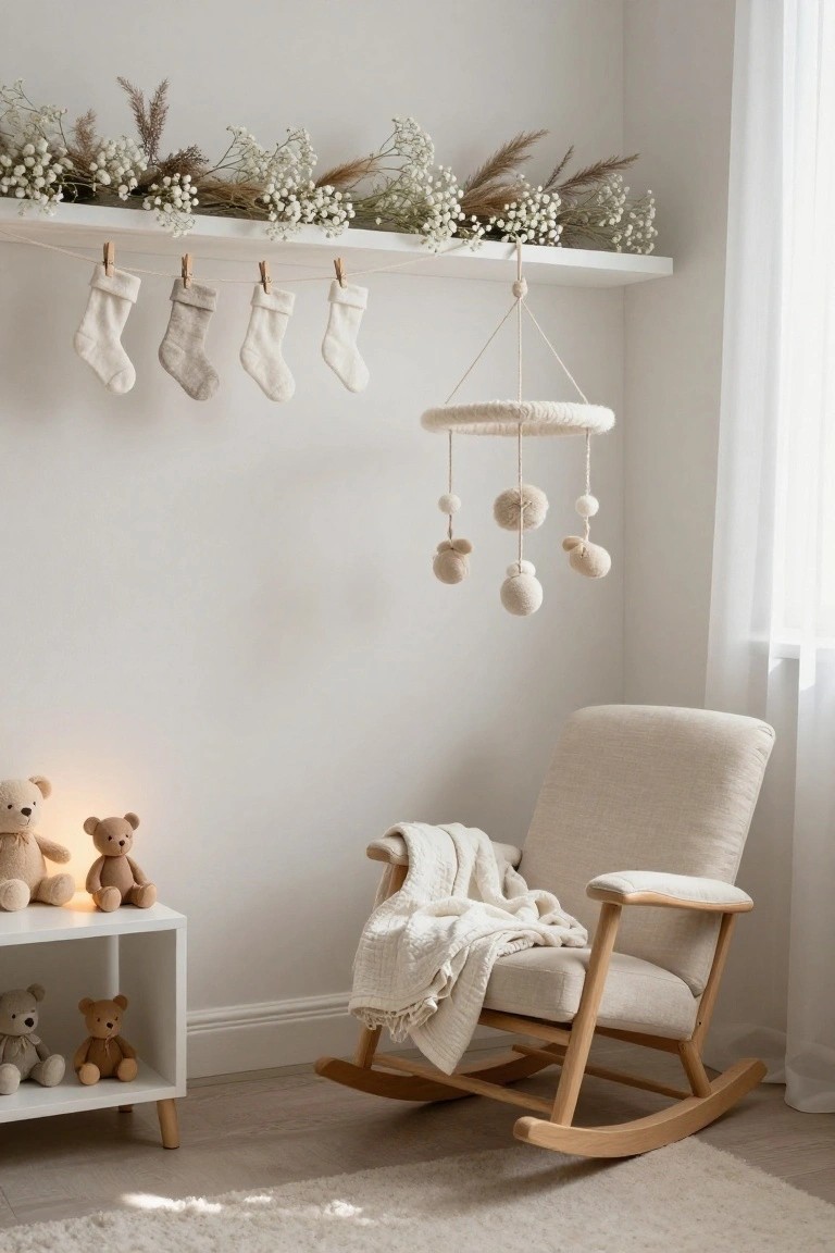 A nursery corner with a white floating shelf holding dried pampas grass and baby's breath garland from which mini white and gray stockings hang via clothespins, a cream wool mobile overhead, teddy bears on a low white shelf, and a beige rocking chair with white blanket.