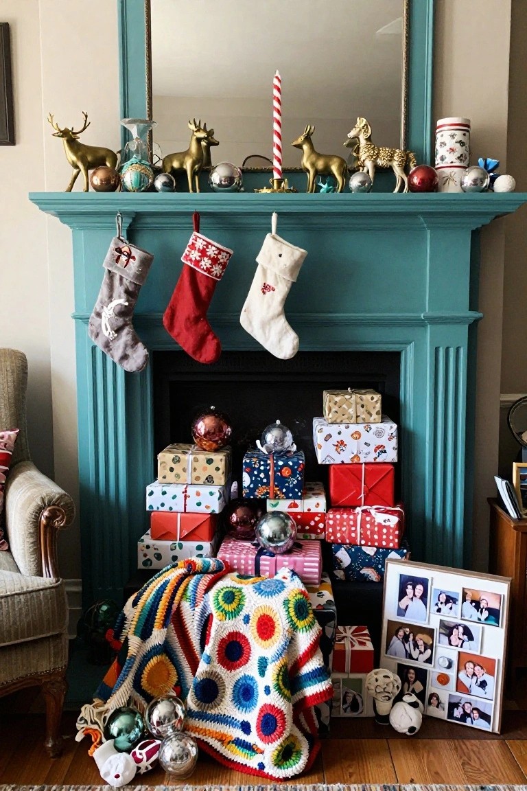 Teal fireplace with colorful hanging stockings, brass deer figurines and ornaments on the mantel shelf, and a pile of wrapped gifts below draped with a multicolored crocheted blanket.