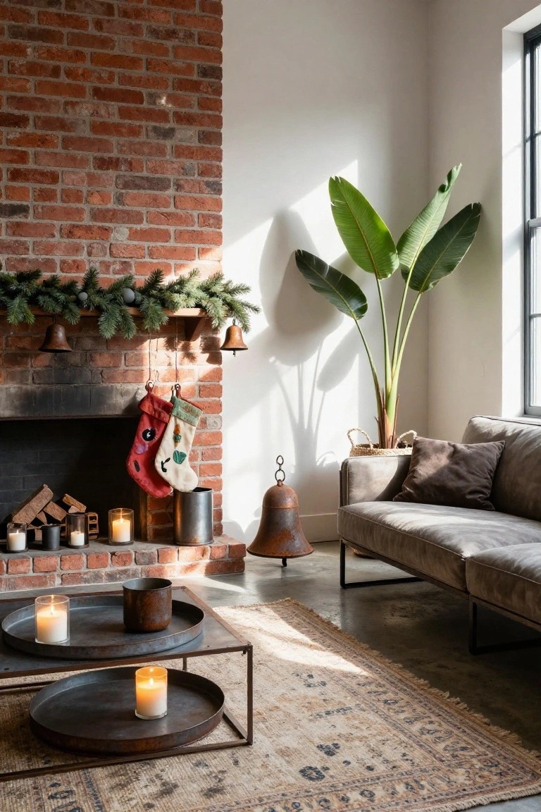 Living room with exposed brick fireplace mantel decorated for Christmas using evergreen garland, hanging metal bells, two patterned stockings, candles in the hearth, metal trays with candles on a low table, gray sofa, potted plant, and woven rug on wood floor.