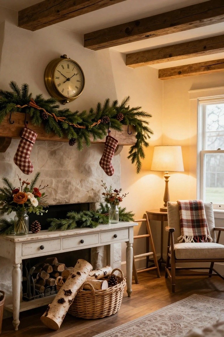Christmas mantel with pine garland, plaid stockings on wooden hooks, flower arrangements in glass jars, pinecones, and a basket of birch logs beside a white console table in a rustic interior with wooden beams, clock, lamp, and chair.