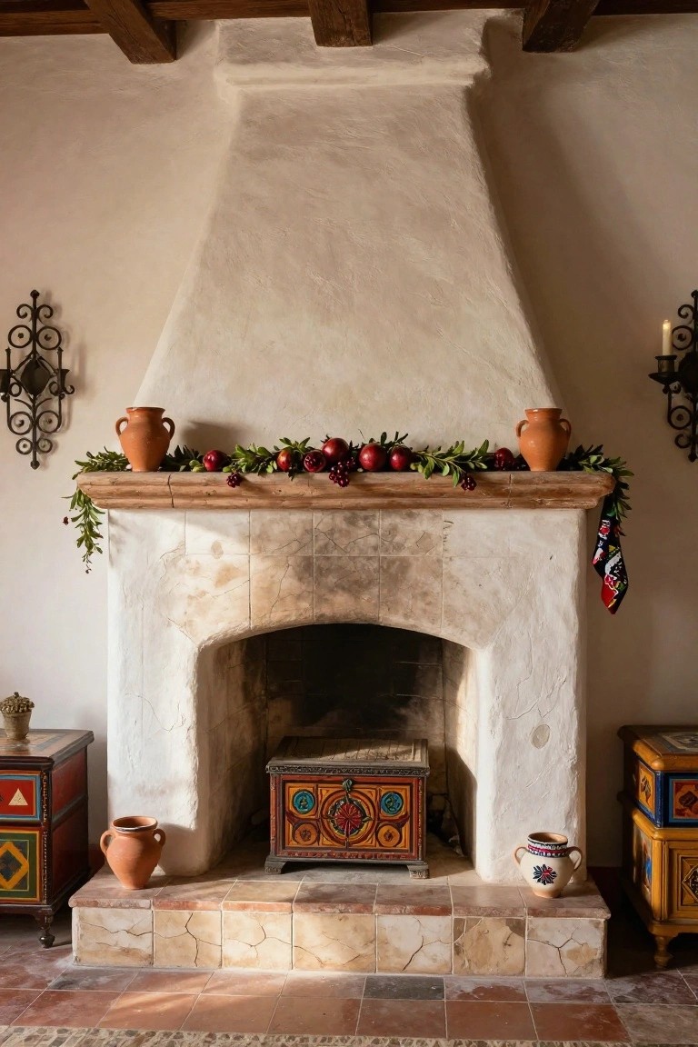 Traditional rustic fireplace adorned with pots, pomegranates, and colorful artisan chests.