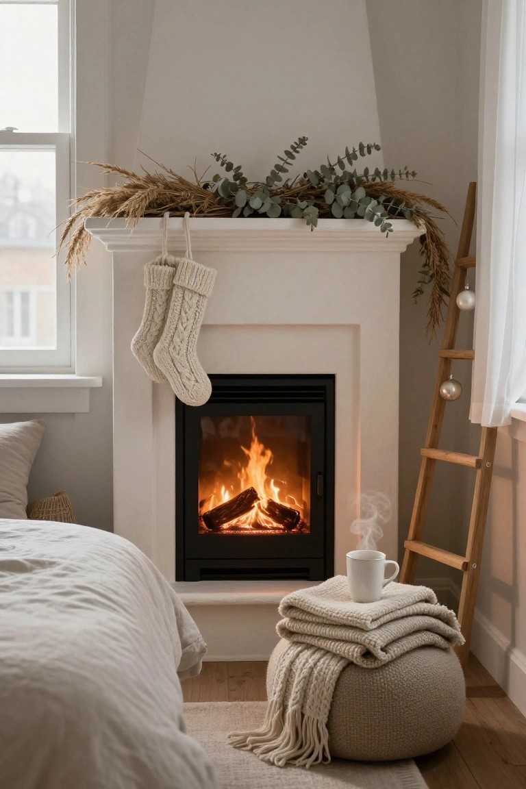 White fireplace mantel decorated with dried beige pampas grass and green eucalyptus garlands, two white knit Christmas stockings hanging from the edge, burning fire inside the hearth, in a light bedroom with bed, blankets, pouf, and wooden ladder holding silver ornaments.