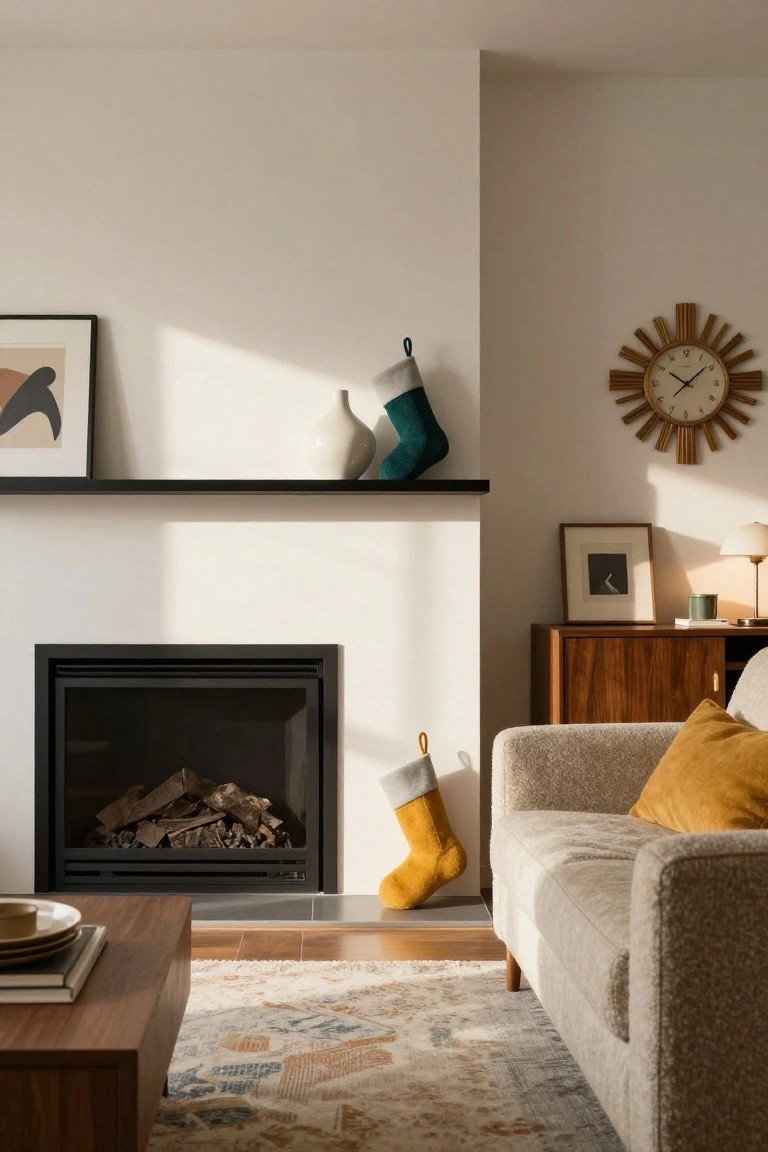 Modern living room interior with black fireplace containing logs, white walls, floating black shelf above mantle holding white vase and green knit Christmas stocking, yellow knit stocking hanging near beige sofa, wooden credenza, and patterned rug.