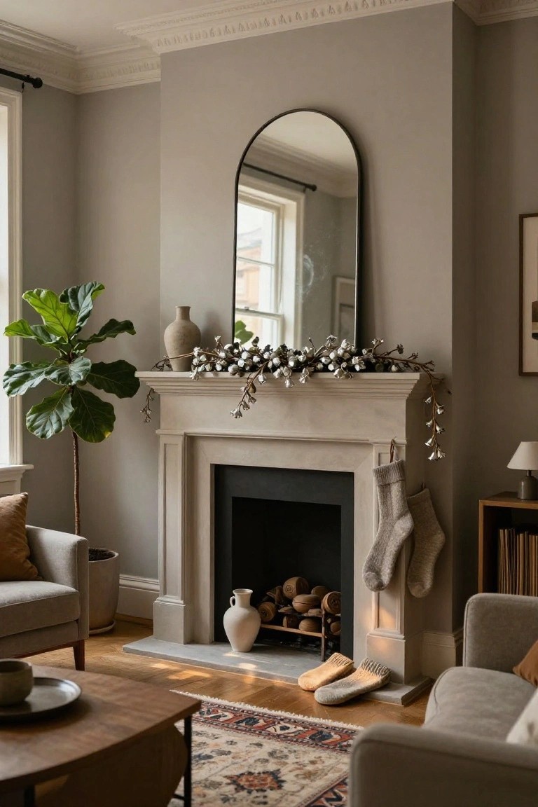 A neutral-toned living room with a stone fireplace mantel decorated by a silver garland of balls and bells, two knit stockings hanging beside it, a fiddle leaf fig plant, beige armchairs, and a wooden coffee table on a patterned rug.