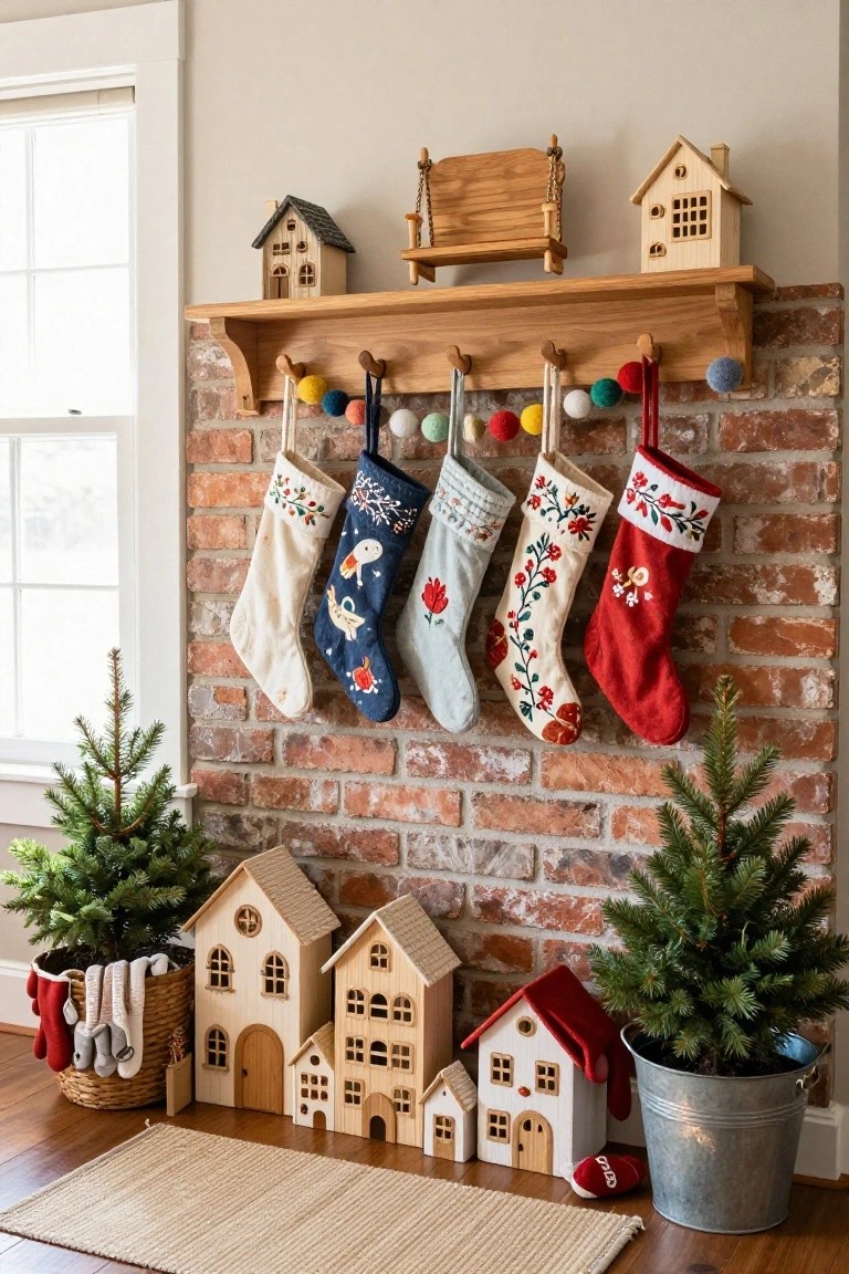 Colorful embroidered Christmas stockings hanging from wooden pegs on a brick wall shelf, with small wooden houses, a swing, pom poms, and potted Christmas trees in front.