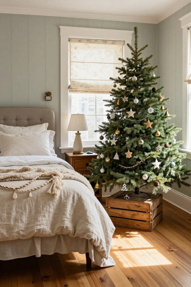 A decorated evergreen Christmas tree in the corner of a pale green shiplap bedroom next to a bed with white linens and knit throw, on a wooden crate base with neutral ornaments, garland, and a lamp on a wooden nightstand.