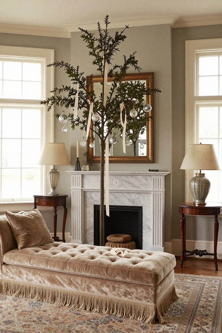 Living room corner with tall artificial hawthorn branch tree hung with white ribbons and clear glass ornaments in front of a gold-framed mirror beside marble fireplace, lamps, wood side tables, and tufted velvet chaise on patterned rug.