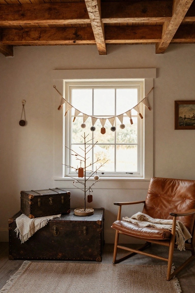 Interior room with exposed wooden ceiling beams, a small bare-branch Christmas tree decorated with fabric garlands, pom-poms, and tags beside a multi-paned window, vintage trunk on the floor, tan leather armchair with throw, and neutral seagrass rug.